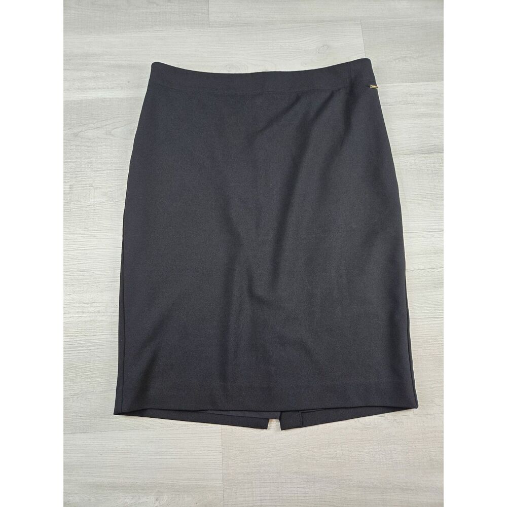 DKNY Size 12 Black Lined Knee Length Officecore Pencil Skirt Gold Hardware